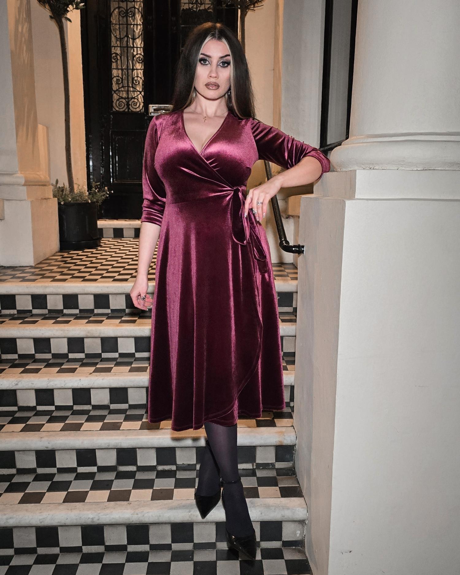 Velvet Wrap Dress - Cherry