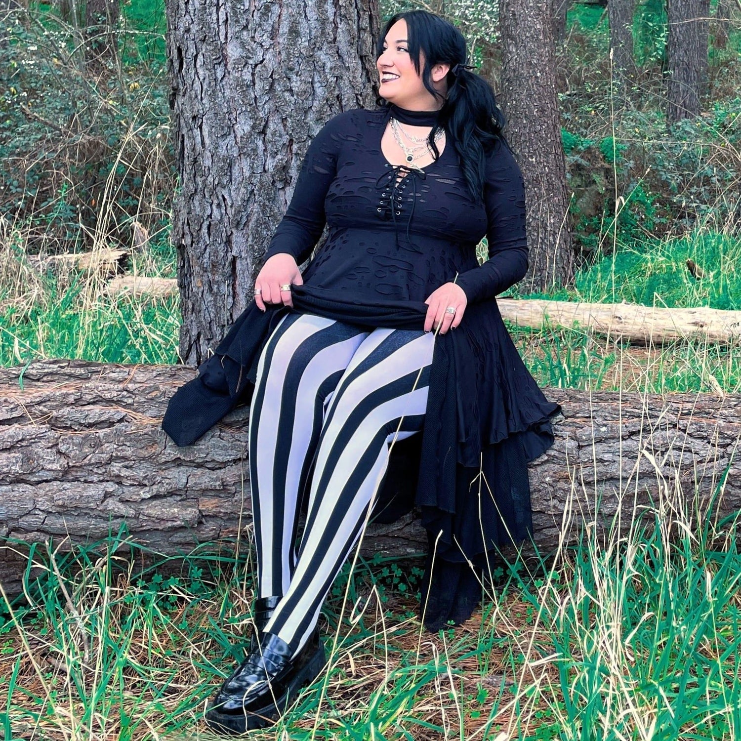 80 Denier Black & White Striped Tights - Betelgeuse