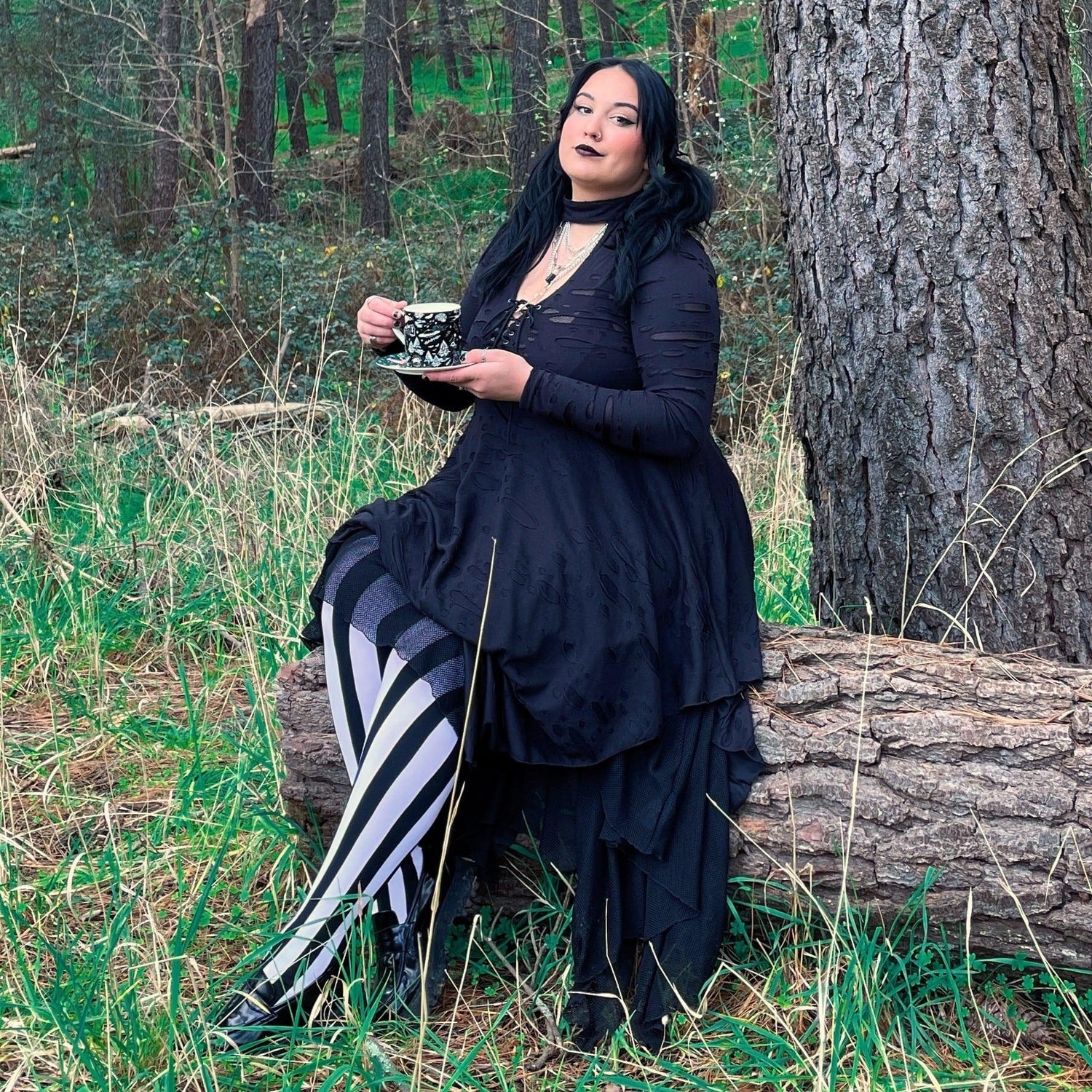 80 Denier Black & White Striped Tights - Betelgeuse